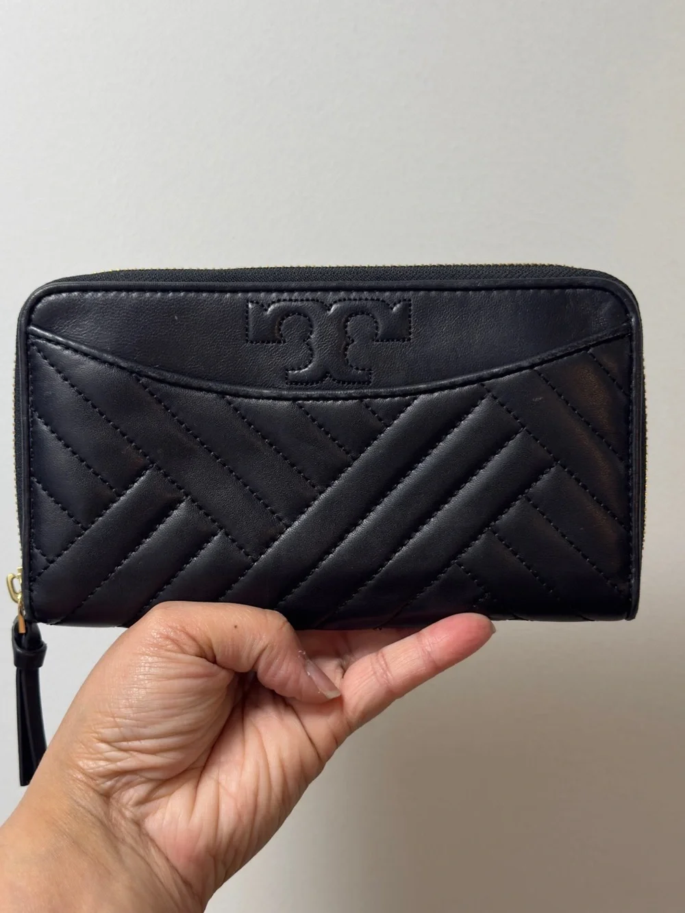 Tory Burch Black Quilted Zip Wallet with Tassel